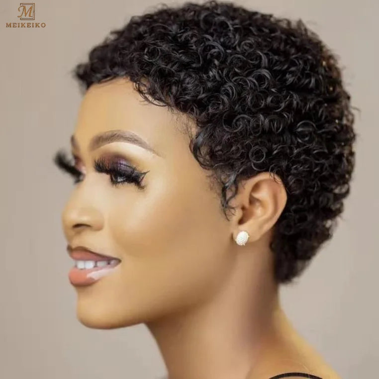 Afro Kinky Curly  Short Cut Wig 100% Brazilian Curly Human Hair Wig for Black Women Full Machine Made  Short Pixie Cut Wig