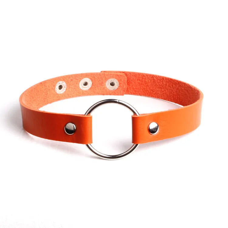 AA01327 Women Lady Gothic Punk Choker Necklace Simple O-ring Round Shaped Pu Leather Choker Collar Necklace