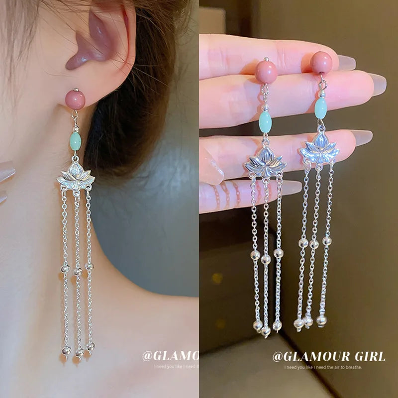 Chinese Design Ancient Style Lotus Tassel Earrings Long Pendant Tassel Retro Studs Earrings Women