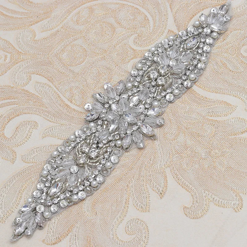 Luxury Sew-On Canvas Crystal Beaded Bodice Applique Dress Clothing Patch Silver Rose Gold Plated Rhinestone Applique