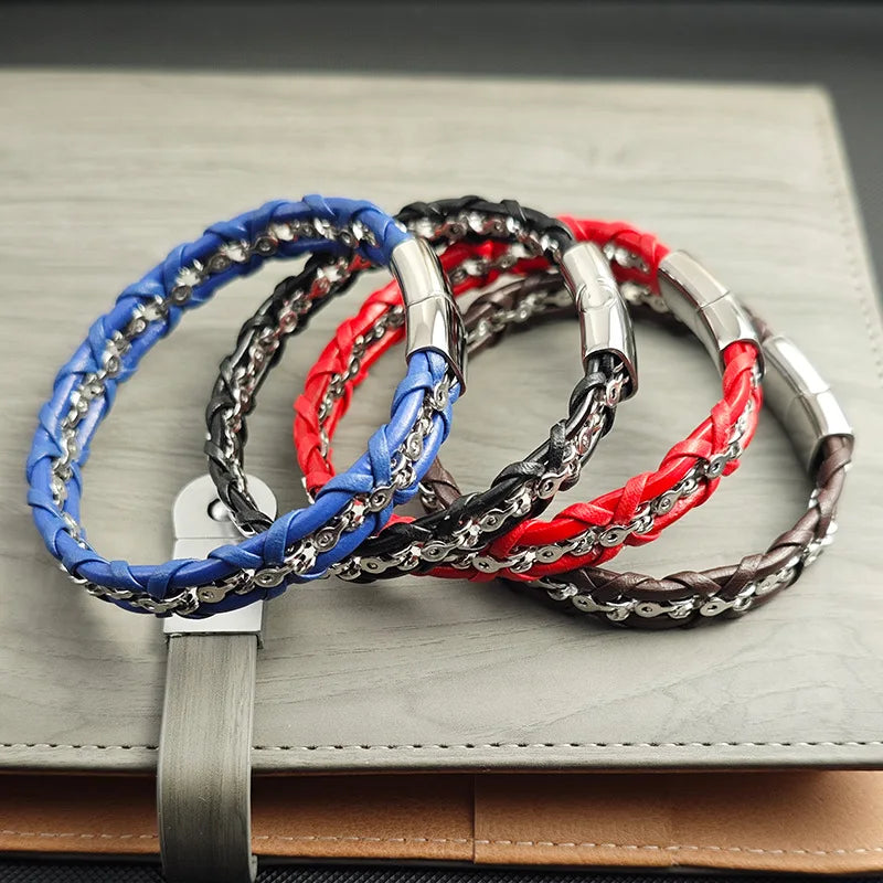 Black Leather Cord Men's Stainless Steel Genuine Leather Braided Bracelet Handmade Multi-layer Magnetic Leather Bracelet
