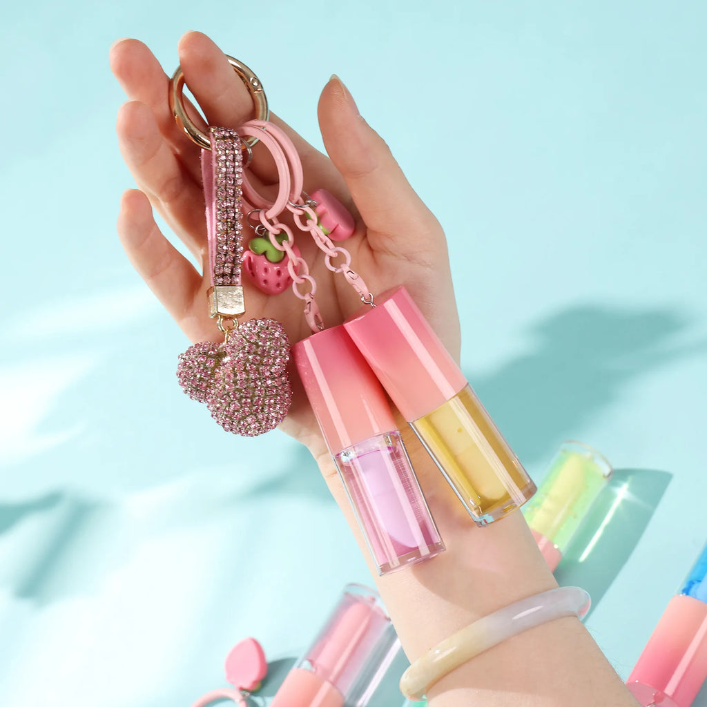 Custom Luxury Cosmetic Fruit Flavored Lip Oil Vegan Lip Gloss Keychain Lipstick Tube With Box and Logo