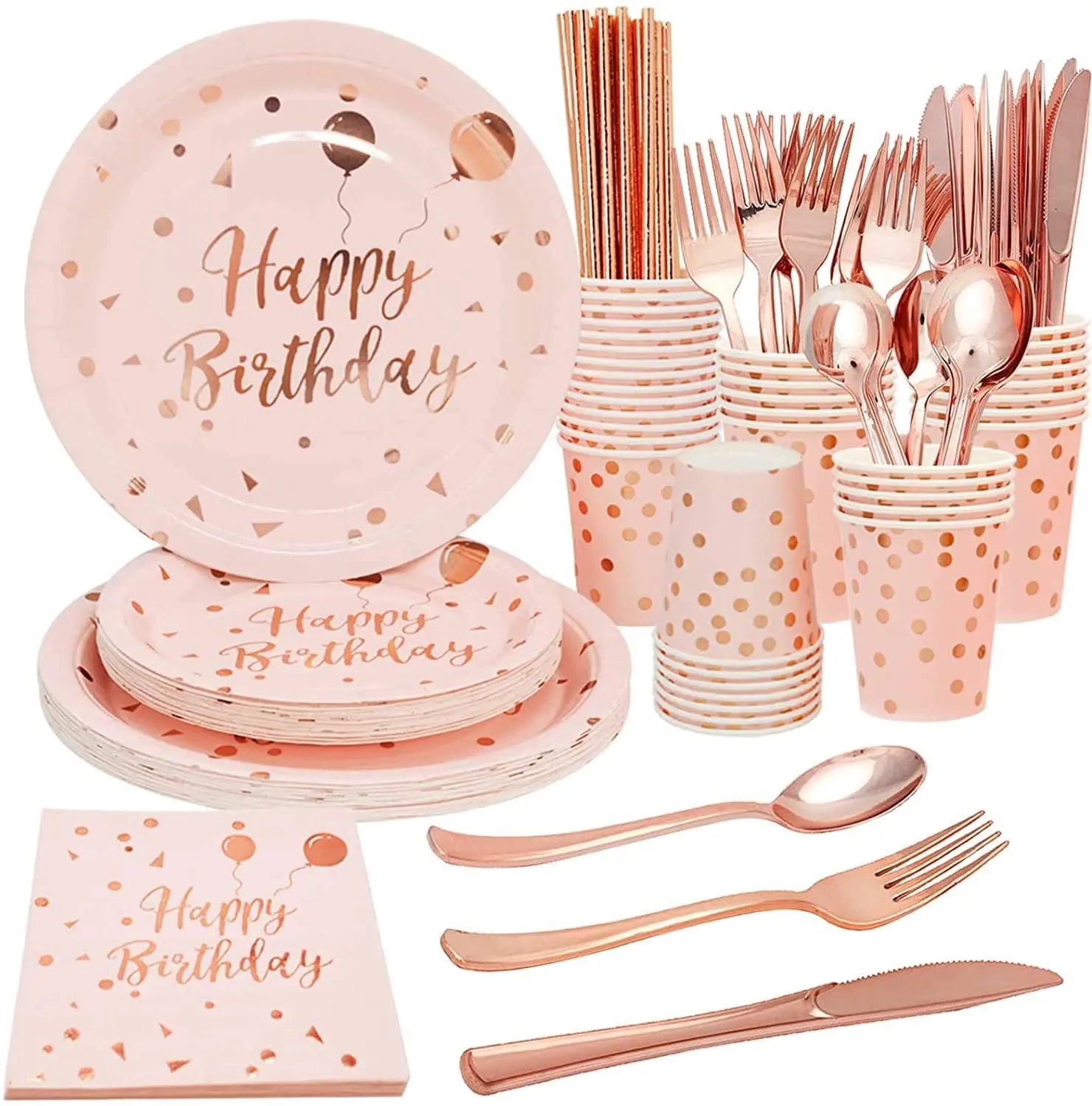 25 Piece Pink Birthday Party Supplies Rose Gold Paper Plates Cups Napkins Silverware Set for Valentine's Day Celebration
