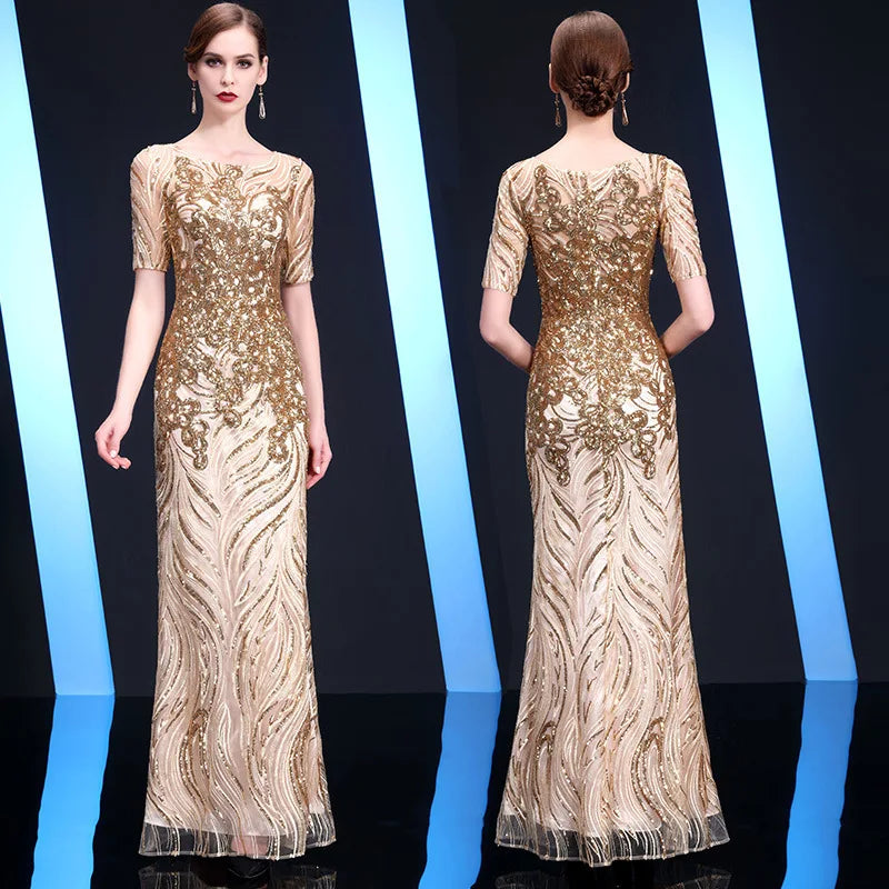 Women Lady Bridal Evening Gown Dress Elegant Graceful Golden Short Sleeve Party Dress