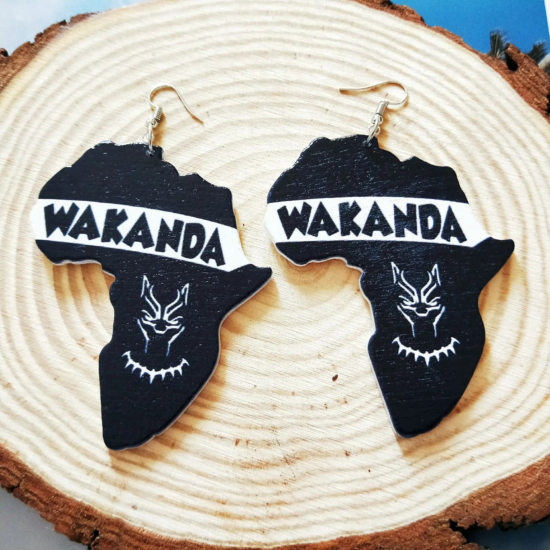 Custom African Map Shape Wakanda Words Printed Black Beauty Wood Earrings