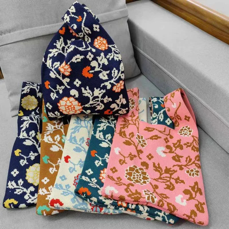 Flower Pattern Knitting Fabric Handbag Small Shopping Bag Wool Crochet Tote Hand Bags for Women