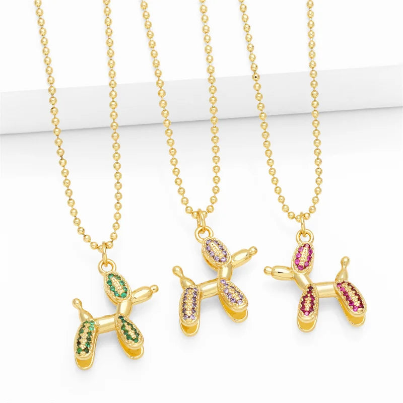 Wholesale Fashion Jewelry 18K Balloon Dog Pendant Necklace Colorful Micro Zircon Engravable Dog Necklaces for Women Jewelry