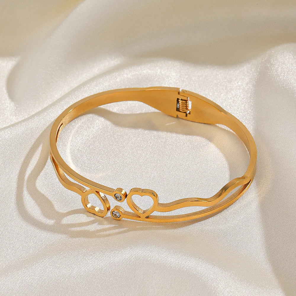 Nabest 18K Gold Plated Hollow Double Heart Stainless Steel Bangles Minimalist Jewelry Women Waterproof Rhinestone Bracelet & Ban