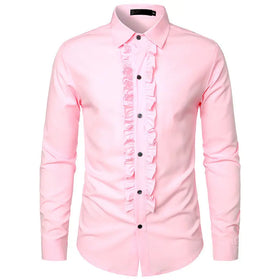RNSHANGER Pink Ruffle Ruche Frill Tuxedo Shirt for Men Retro Long Sleeve Button Down Pleats Shirt Mens Wedding Party Shirts
