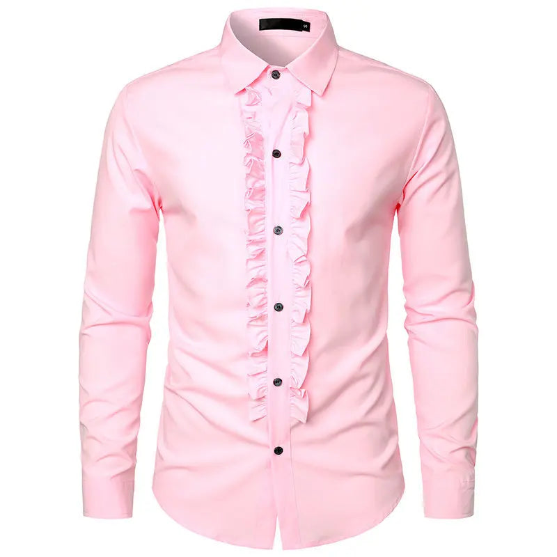 RNSHANGER Pink Ruffle Ruche Frill Tuxedo Shirt for Men Retro Long Sleeve Button Down Pleats Shirt Mens Wedding Party Shirts