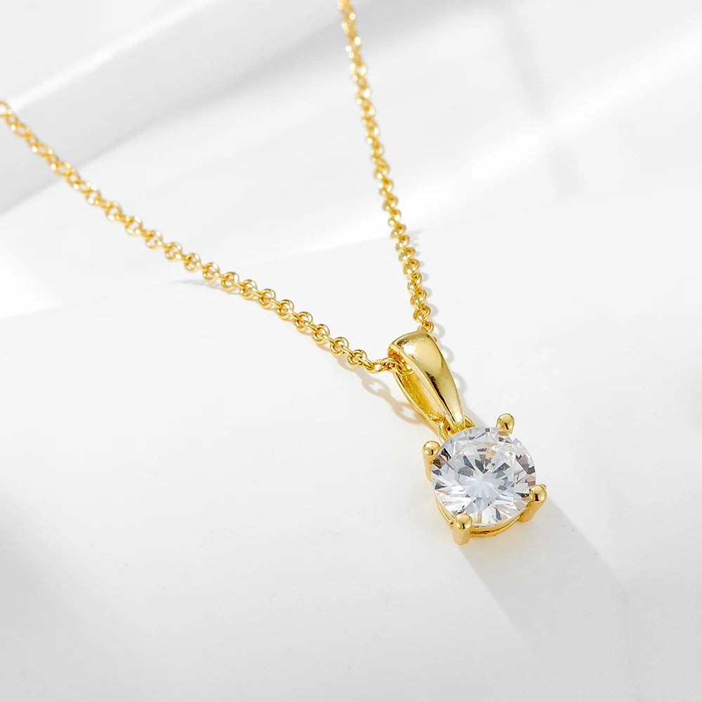 Classic Simple Jewelry 925 Sterling Silver Four Claw Round Brilliant Cut Zircon Fine Gold Plated Choker Necklaces for Women