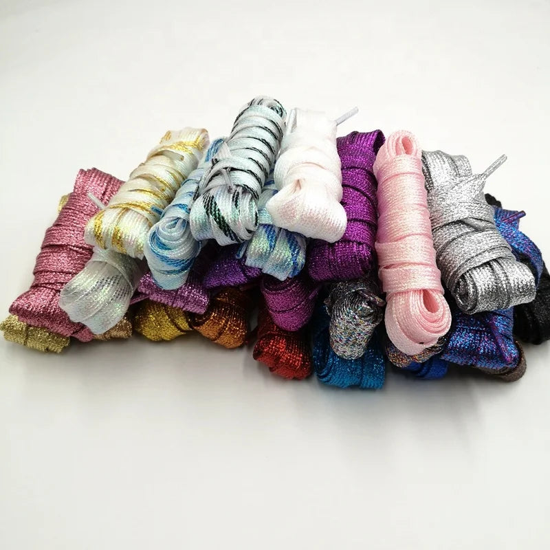 Hot Selling Factory Direct Bulk Flat Tubular Metallic Yarn Transparent Tips Glitter Blink Colorful Shoelaces 8mm 10mm Width for