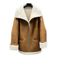 Vintage Merino Wool Turn Down Collar Zipper Winter Jacket Genuine Sheepskin Leather Shearling Coat Women