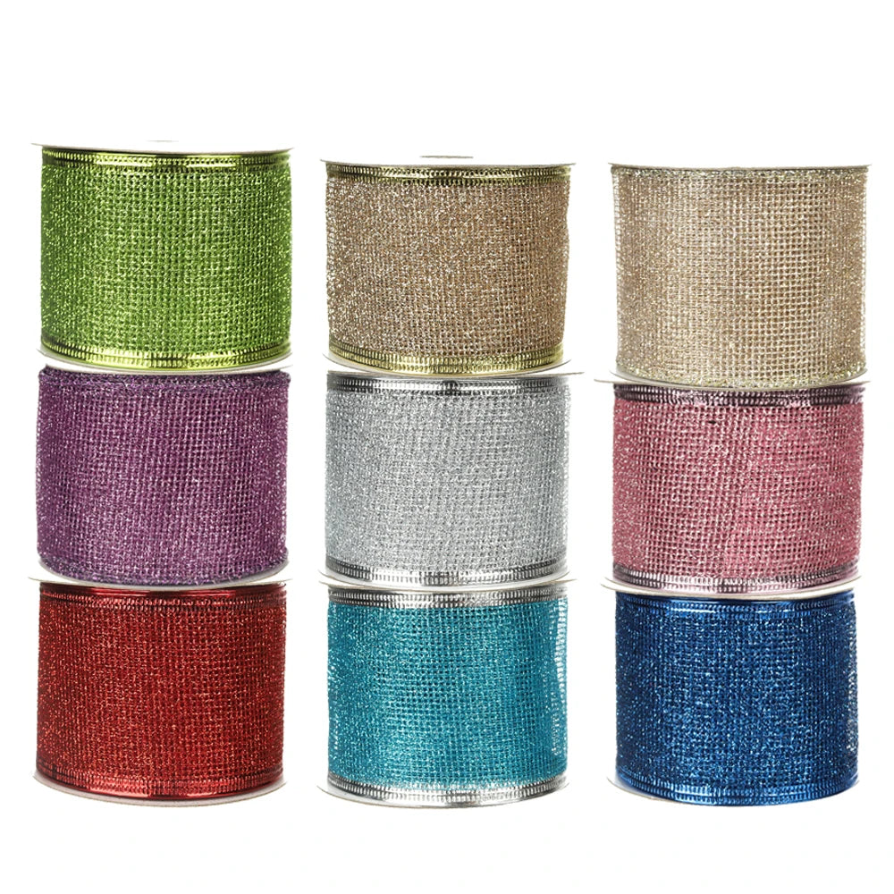 Metallic Edge Polyester Satin Wired Ribbon with Blue Glitter for Christmas Bows-Customizable Colors