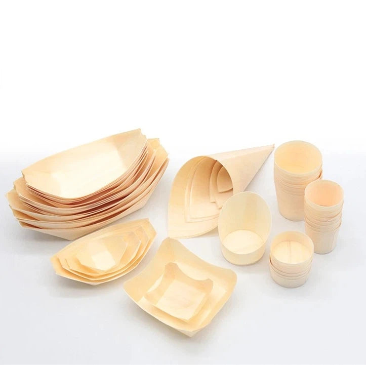 Extra Large 10-Piece Biodegradable Wooden Rolling Tray Sushi Cones 50 PK Disposable Wood Sushi Japanese Food Food Container