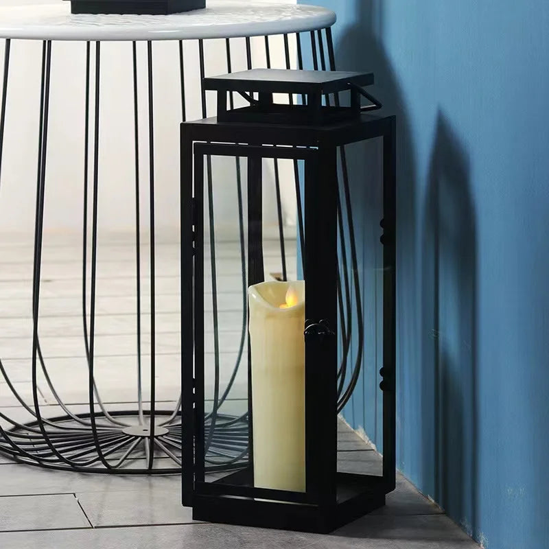 High Portable Iron Glass Lantern Windproof Outdoor Floor Candle Lantern for Yard Porch Garden Decoration Durable Metal Lantern