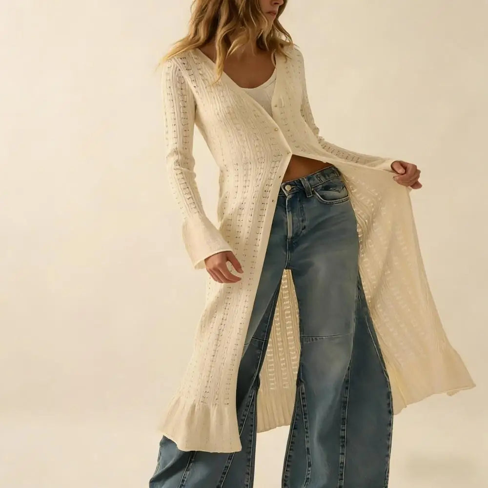 Factory Custom Long Button Front Cardigan Sweaters Women Spring Summer Pointelle Rib-Knit Duster Cardigan Sweater for Women