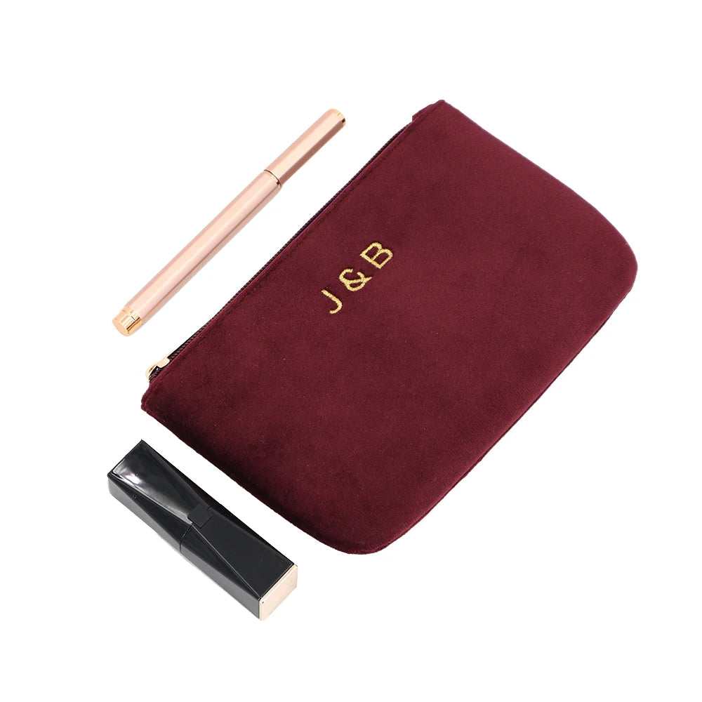 Custom Jewelry Red Velvet Zipper Pouch Bag Embroidery Logo Small Velvet Makeup Cosmetic Packaging Promotion Gift Bags