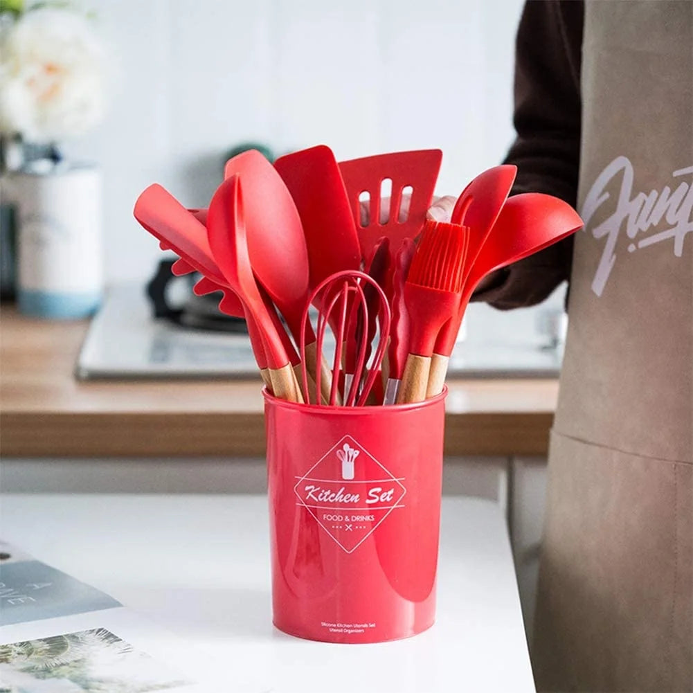 Christmas Red Heat-Resistant Silicone Stainless Steel Wood Kitchen Ware Utensil Set From China