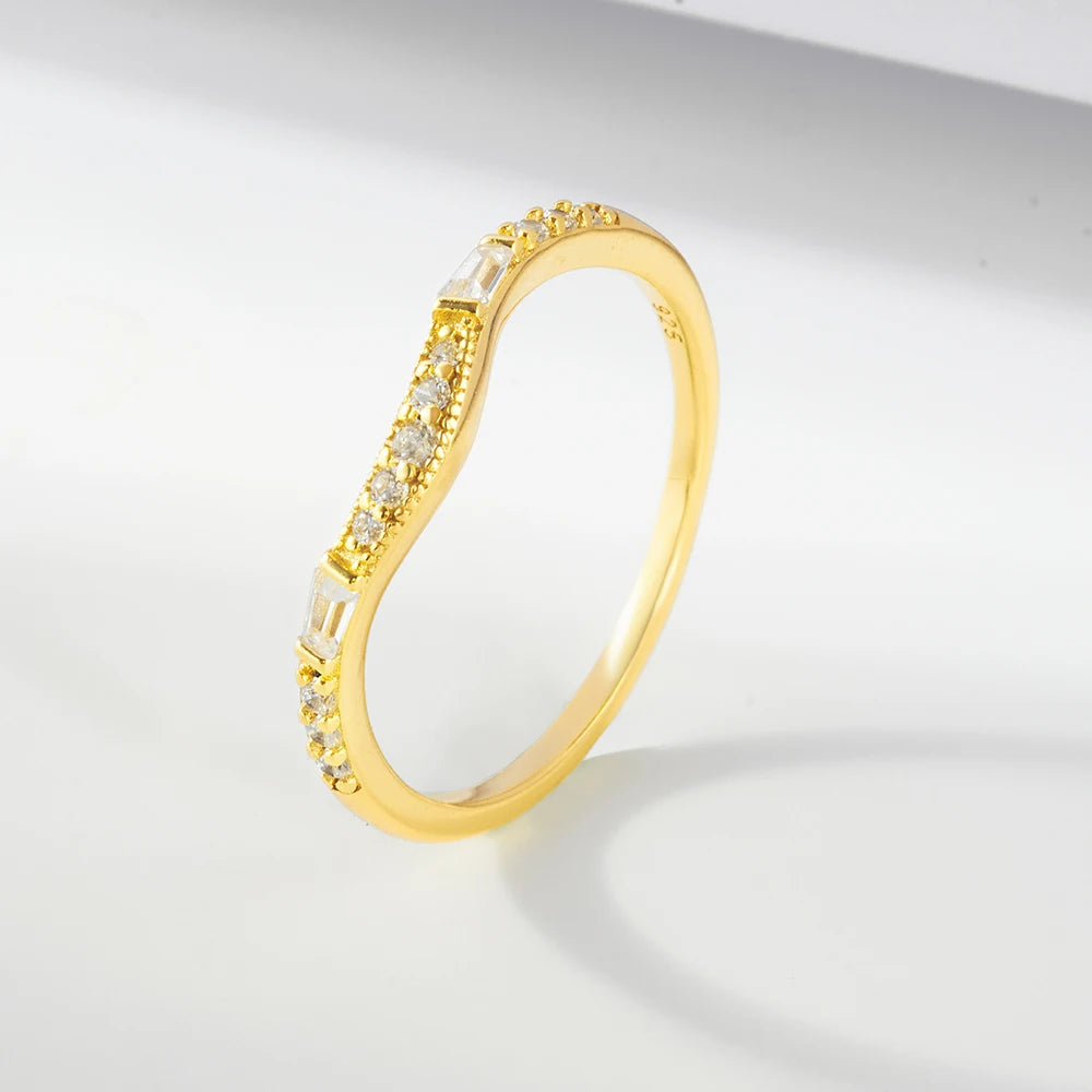 Wholesale 925 Sterling Silver Wedding Crown Fine Rings 14K Gold Plated Geometry Zircon Stackable Curved Wave Ring Jewelry