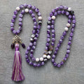 Handmade Copper Alloy 8mm Amethyst Lotus Charm Spiritual Buddhism Prayer Malas Long Tassel 108 Beads Knotted Yoga Jewelry