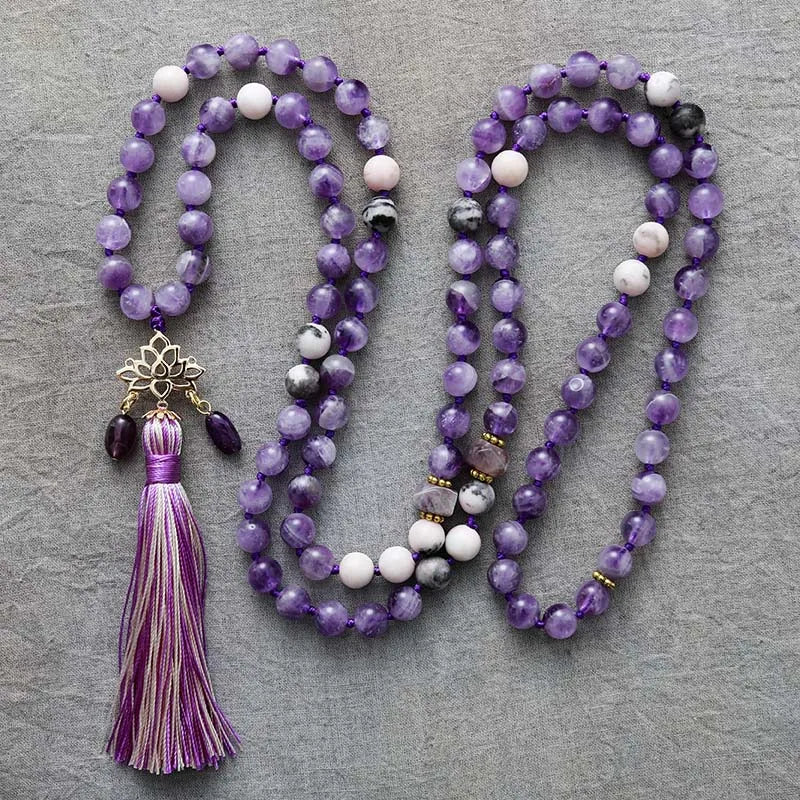 Handmade Copper Alloy 8mm Amethyst Lotus Charm Spiritual Buddhism Prayer Malas Long Tassel 108 Beads Knotted Yoga Jewelry