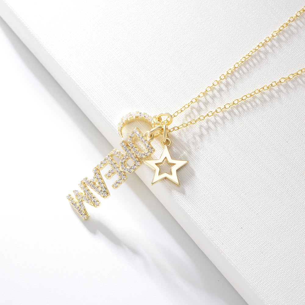 In Stock 925 Sterling Silver DREAM Letter Star Moon Necklace Gold Plated Pendant Necklaces for Women