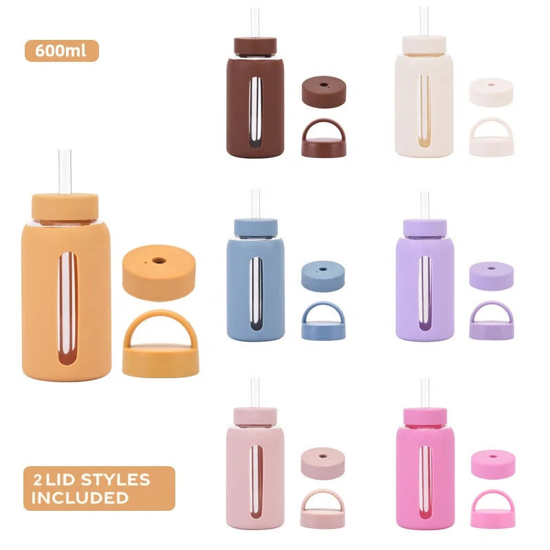Large Capacity 600ml Double Cover Glass Water Cup with Time Scale Portable Outdoor Water Bottle Featuring Plastic Lid