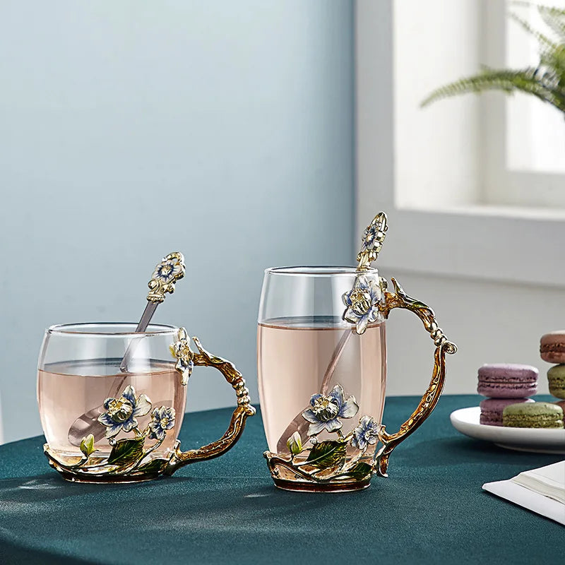 Modern Creative Enamel Glass Drinkware Cup Retro Aesthetic Glass Cup Novelty Glass Tea Cup and Saucer Set