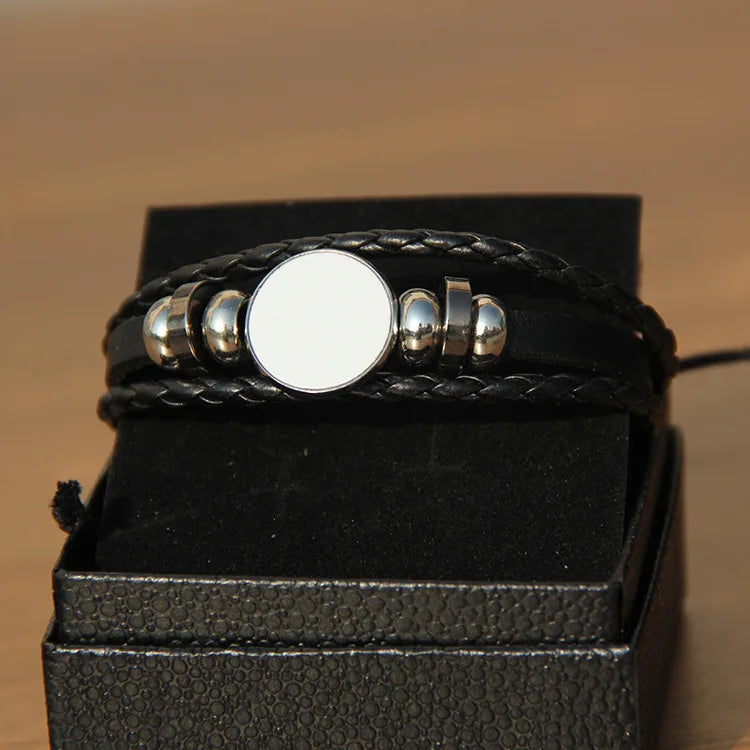 Mon Gift Aluminum Heat Transfer Sublimation Memorial Products Hip Hop Blank Jewelry Leather Bracelet with Box