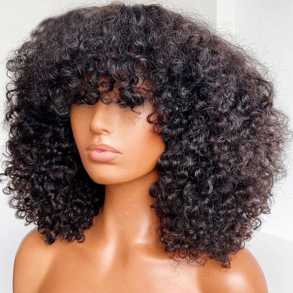 Wigs Cambodian Hair Curly Wave Unprocessed Human Hair Cuticle Aligned Lace Front Wig With Hair Bang