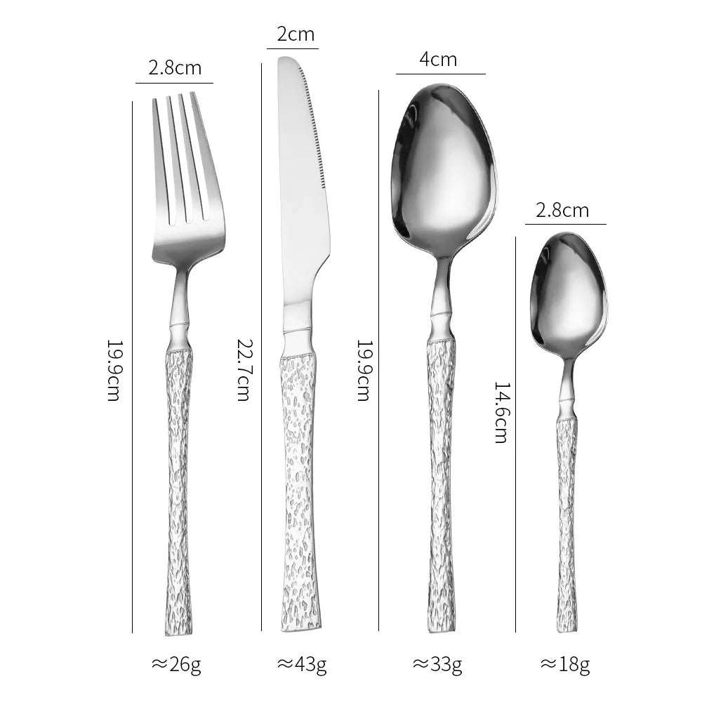 Light Luxury Hammered Stainless Steel Silverware Cutlery Set Hotel Fork Knife Spoon Gold Cutlery Set for Wedding