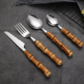New Design Unique Bamboo Handle Stainless Steel 304 Mirror Polish Cutlery Set with Custom Logo Spoons Forks Knives for Camping