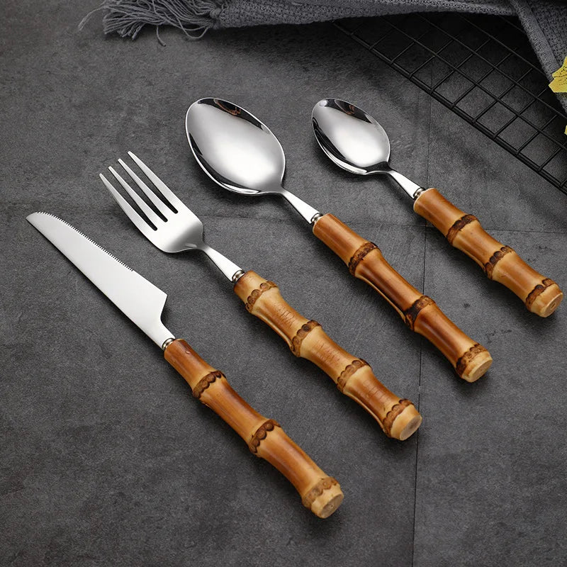 New Design Unique Bamboo Handle Stainless Steel 304 Mirror Polish Cutlery Set with Custom Logo Spoons Forks Knives for Camping