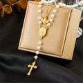 Oval Portrait Plaque Vintage Double Layered Angel Pearl Chain Tassel Cross Stainless Steel Jewelry Necklace