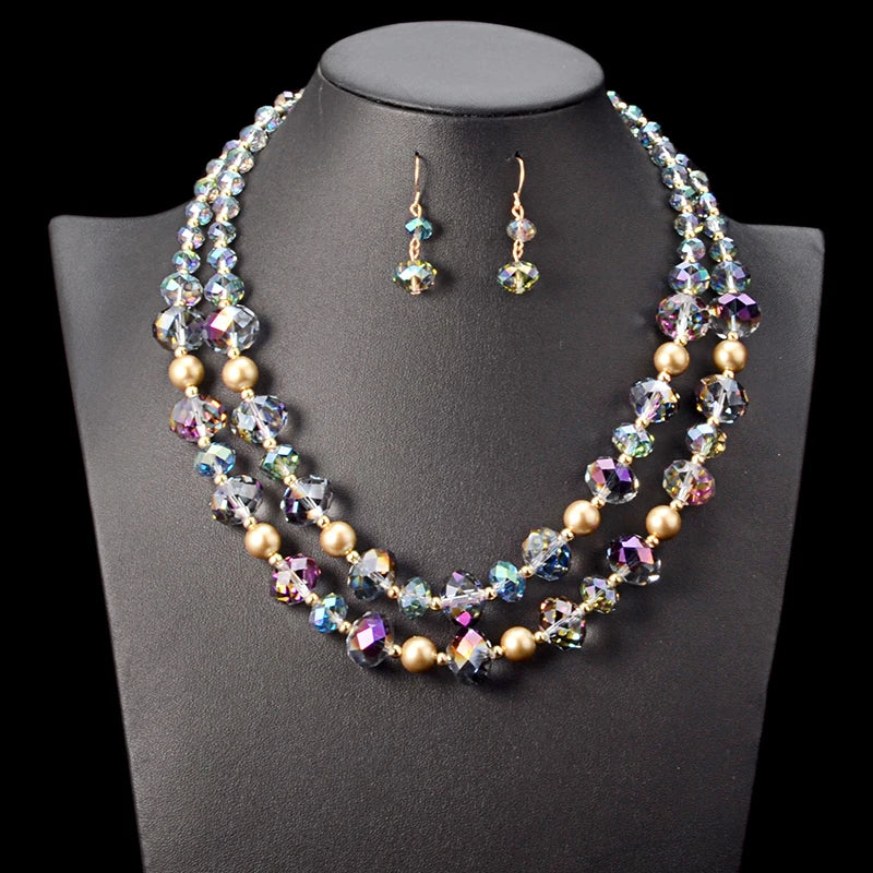Fashion Shiny Double Layer Crystal Bead Necklace Earrings Vintage Statement Chokers Beads Necklace Jewelry Set