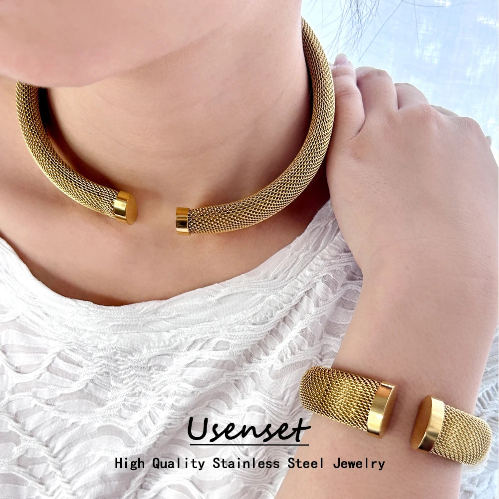 Exquisite Chunky Tarnish Free Stainless Steel Jewelry Set Unisex High Quality Gold Color Cuff Accessories Low MOQ