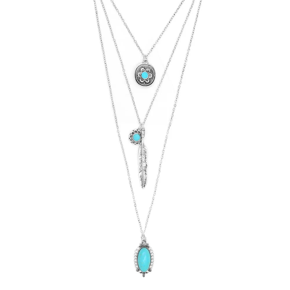 Western Style Three Layers Feather Pendant Turquoise Stone Necklace for Women