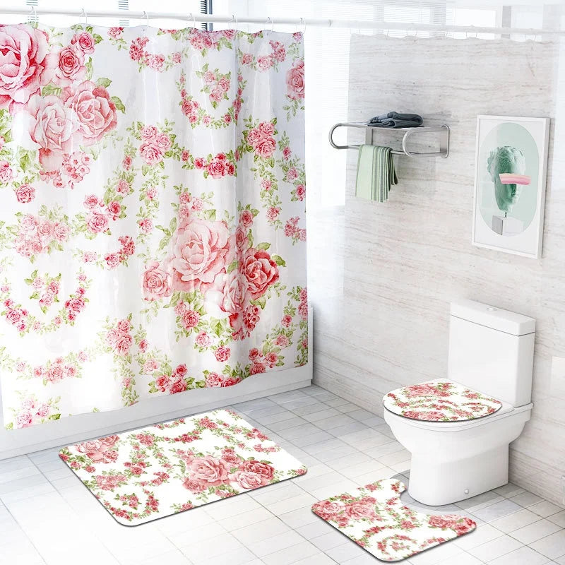 Pink Flowers Rose Bathroom Sets Floral Pattern Waterproof Polyester Fabric Set With Hooks Shower Curtain Sets 4 Pieces