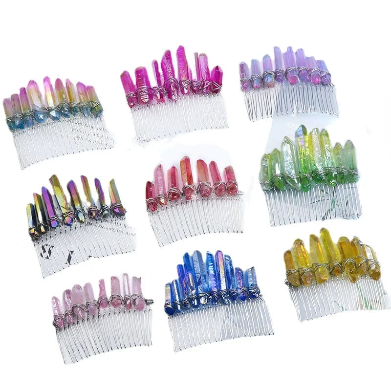 Irregular Color Transparent Crystal Column Natural Raw Crystal Quartz Comb Crown Hairpin Hair Accessories Jewelry Gift Headband