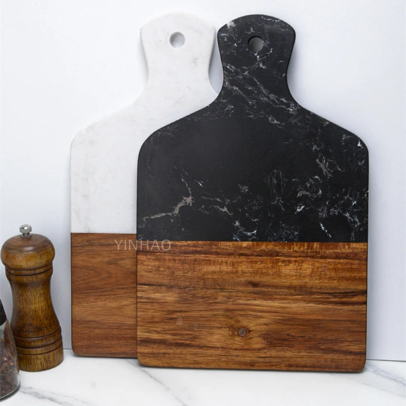 Black/White Marble and Acacia Wood Cutting Board Charcuterie Chopping Board with Handle Decorative Serving Board for Cheese