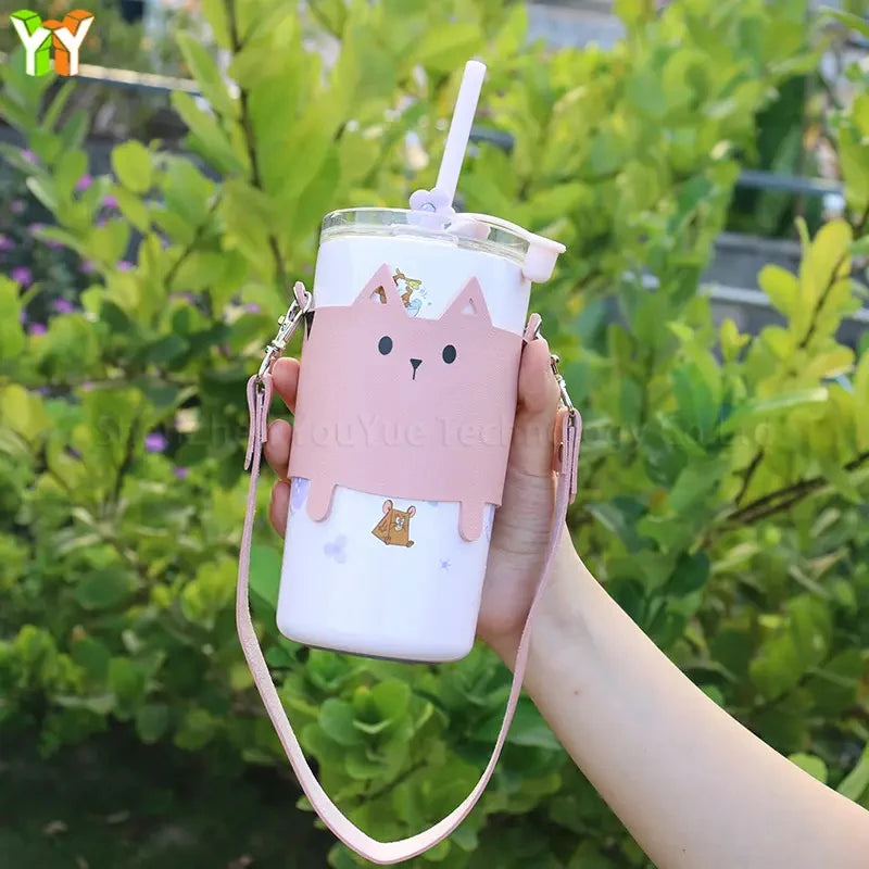 Summer Portable Cat Protective Cup Holder With Strap PU Leather Cup Water Bottle Sleeve Custom Logo Lovely Cat Mug Cup Holder