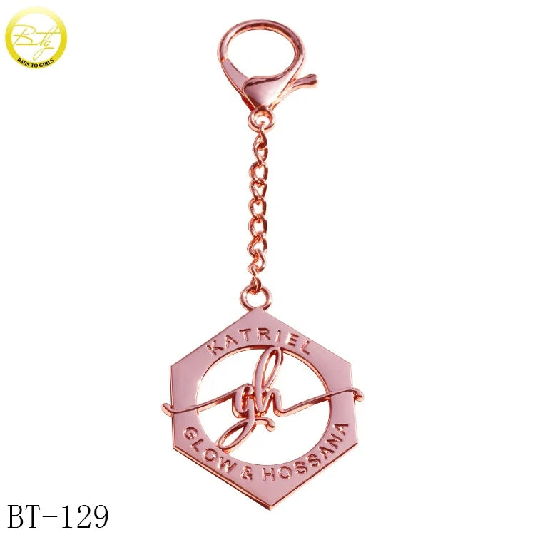 Rose Gold Metal Key Chains Custom Hollowed Name and round Letters Logo Hang Tags Stylish Luxury for Bags Manufacturer Direct