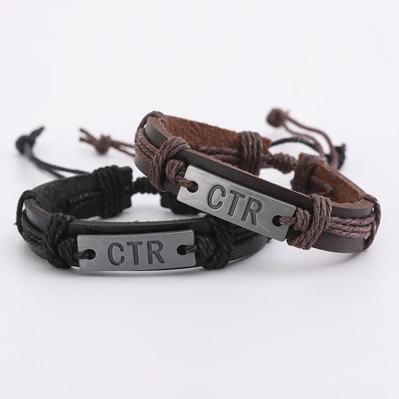 Manufacturer Rectangular Engraving Bar CTR Charm Bracelet Handmade Genuine Leather Bracelet