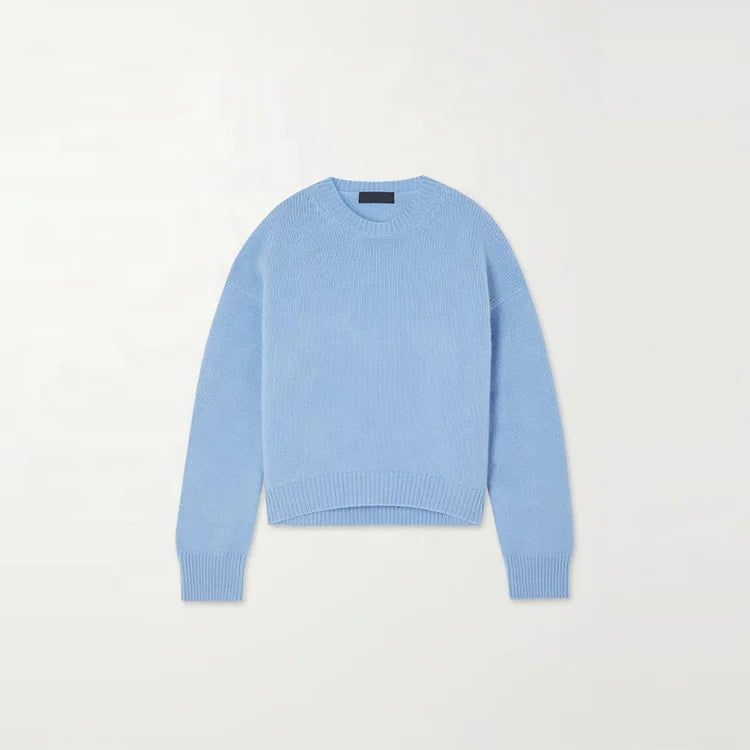 Knitwear Custom Autumn Winter New Design Casual Sky Blue Crew Neck Long Sleeve Women's 100% Cashmere Sweater Anti-Wrinkle