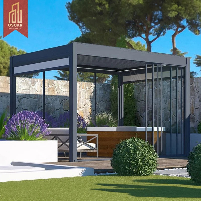 Garden Aluminium Pavilion Electric Louvre Roof Bioclimatica Pergola Motorized Retractable PVC Pergola Roof Metal Gazebo