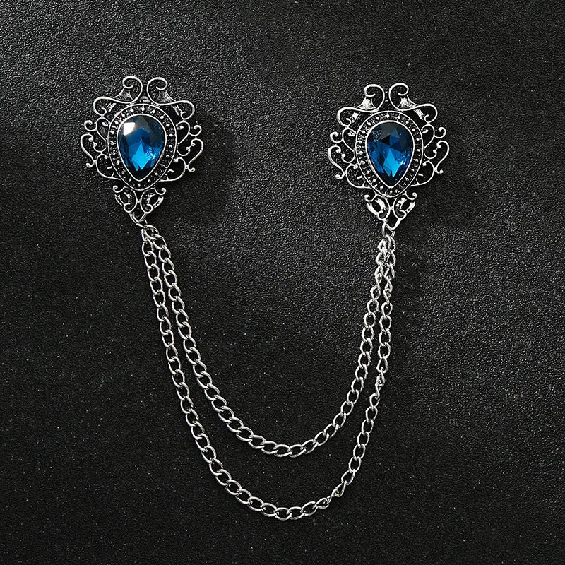 Fanyue Fashion Gem Gemstone Bijou Ancient Silver Lake Sapphire Mens Suit Chain Brooches Pins Brooches for Men
