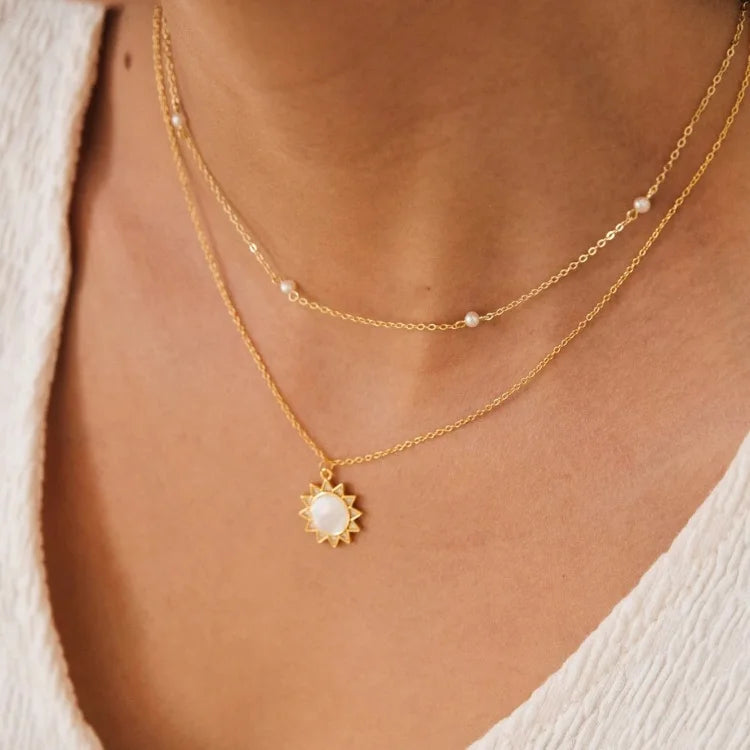 Dainty Mother love Jewelry 925 Sterling Silver Cz Diamond Pave Mother Pearl Shell Sun Pendant Necklace Wholesale