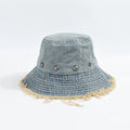 2025 Spring Summer New Arrival Fashion Trendy Women Outdoor Sun Shade Frayed Brim Raw Edge Denim Bucket Hat with Stylish Rivets