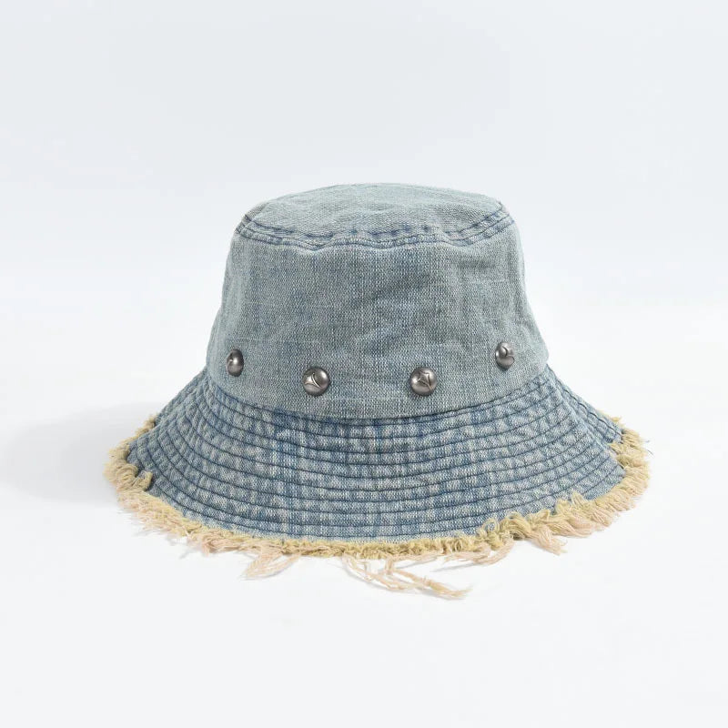 2025 Spring Summer New Arrival Fashion Trendy Women Outdoor Sun Shade Frayed Brim Raw Edge Denim Bucket Hat with Stylish Rivets